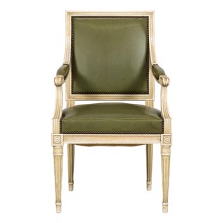 Early 20th Century French Louis XVI Style Painted Armchair in Olive Green For Sale