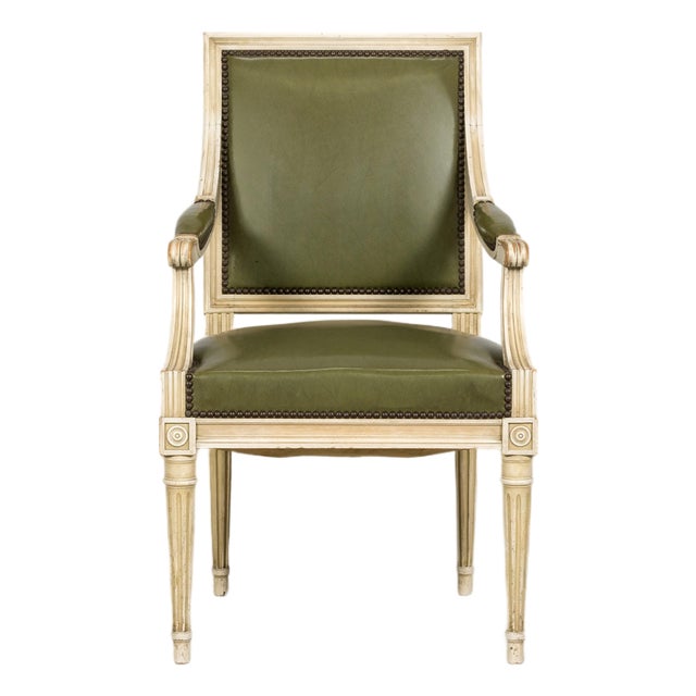 Early 20th Century French Louis XVI Style Painted Armchair in Olive Green For Sale