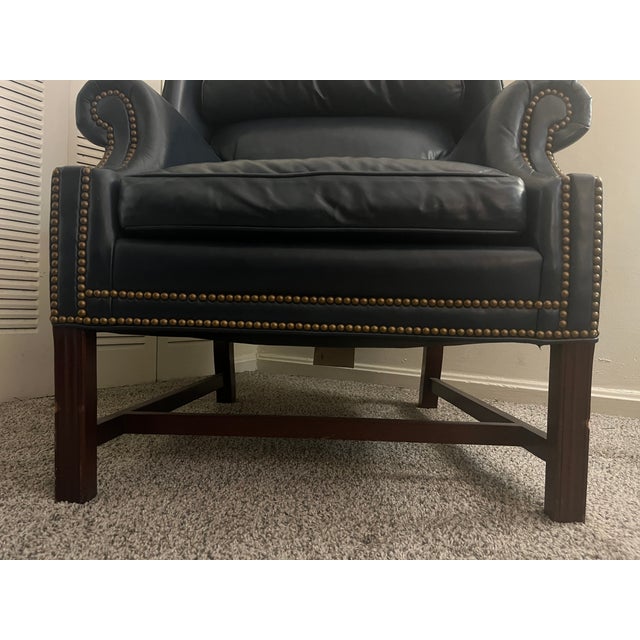 Hancock & Moore Blue Royal Leather Wingback Chair With Ottoman For Sale In Washington DC - Image 6 of 9