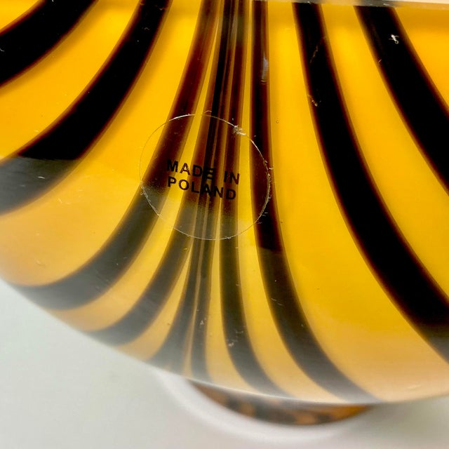 Glass Mid-Century Hollywood Regency Boho Chic Polish Hand Blown Glass Tiger Striped Encased Bowl, Murano Style For Sale - Image 7 of 12