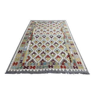Handwoven Wool Kilim Rug, Multicolor Geometric Pattern - 6.7' X 10' For Sale