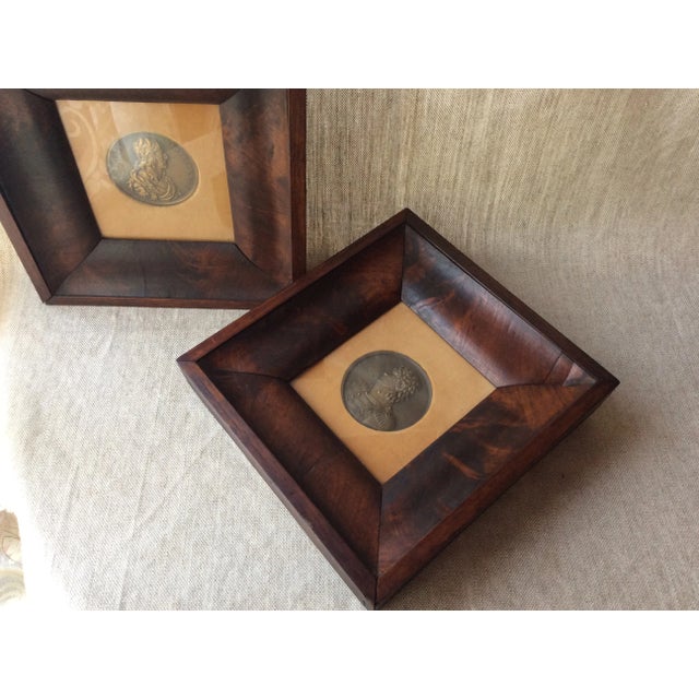 Campaign Antique French Bronze Portrait Medallions of Louis Xiii, Framed Walnut Shadow Boxes, For Sale - Image 3 of 8