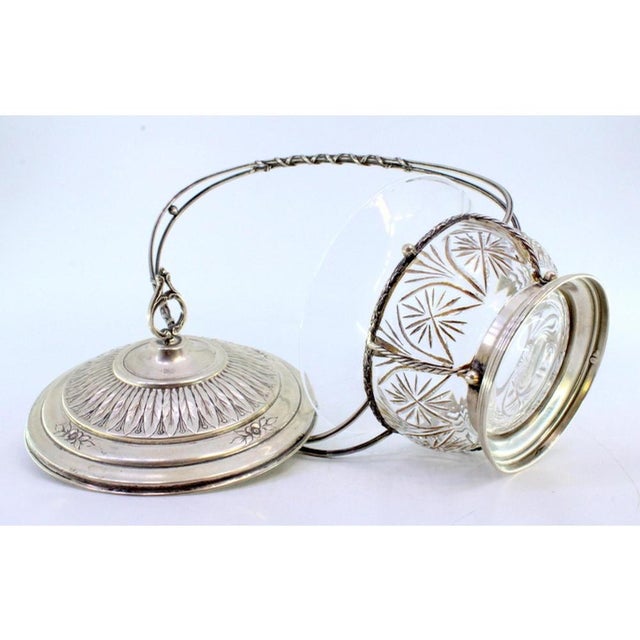 Silver and Cut Glass Candy Box with Bows, Trims, Lid with Knob and Engraved Floral Motifs, in Very Good conditions....