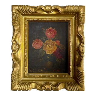Vintage Floral Painting With Dark Background in Gold Frame For Sale