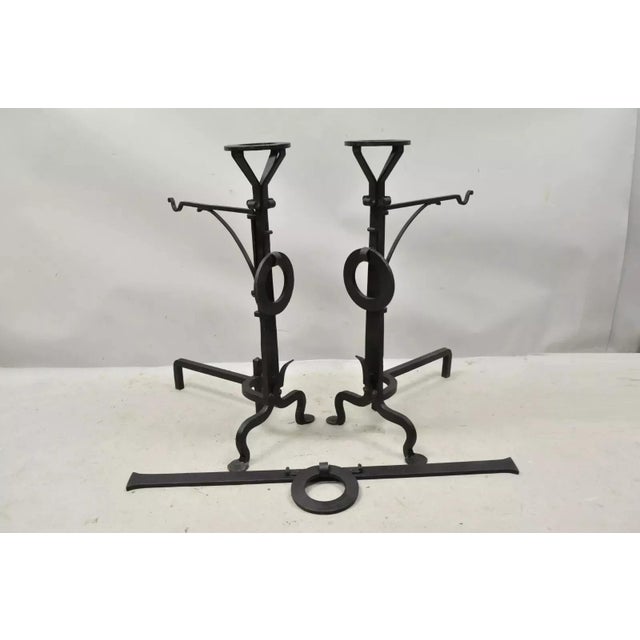 Antique Mission Arts & Crafts Wrought Iron Fireplace Andirons & Fender - 3pc Set. Item features 2 swing arms for pots,...