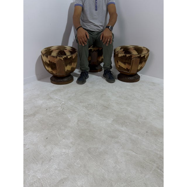 Art Deco Italian Poufs in Walnut and Velvet, 1940, Set of 3 For Sale - Image 11 of 12