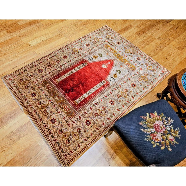 Antique Turkish Silk Prayer Area Rug, Late 19th Century, Red & Gold, 4' x 6' For Sale - Image 4 of 16
