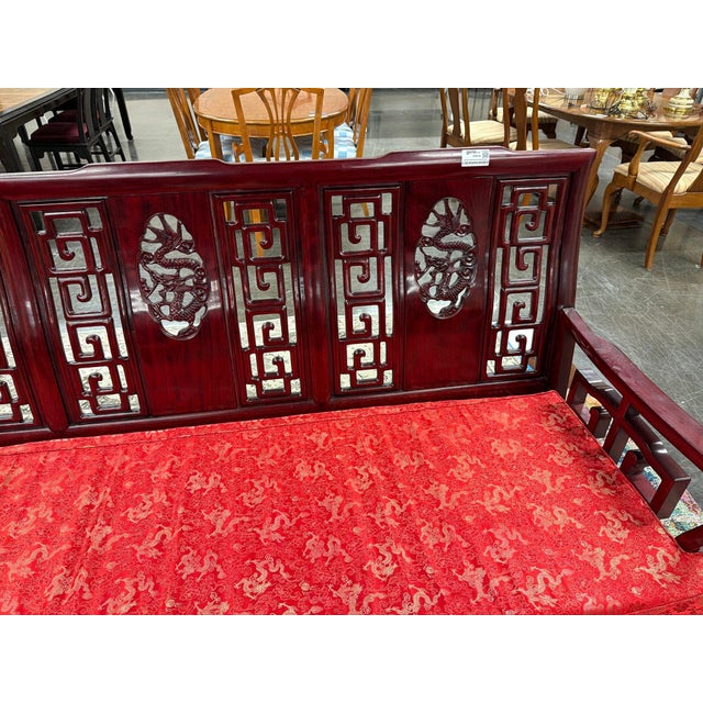 Wood Vintage Chinese Rosewood Three-Seat Sofa With Hand-Carved Dragon Medallions and Red Silk Cushion For Sale - Image 7 of 11