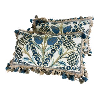 Thibaut Hand Printed Tasseled Linen Pillows/ a Pair For Sale