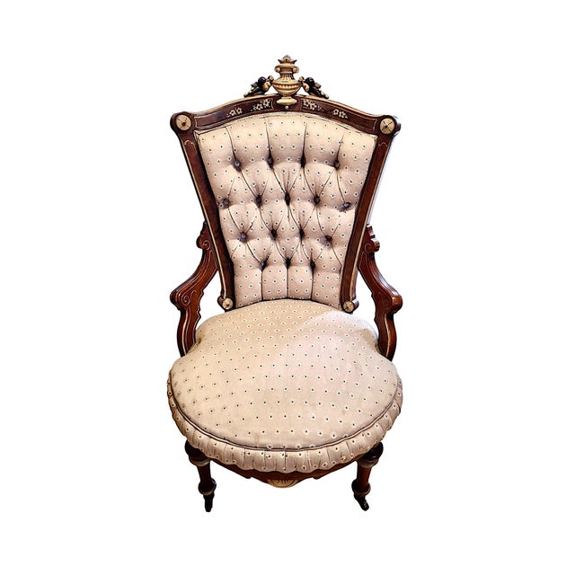Dove Gray Antique “His” & “Hers” American Neo-Grec Upholstered Chair Set For Sale - Image 8 of 15