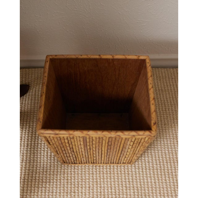Mid-Century Modern Vintage Scorched Rattan Waste Basket For Sale - Image 3 of 9
