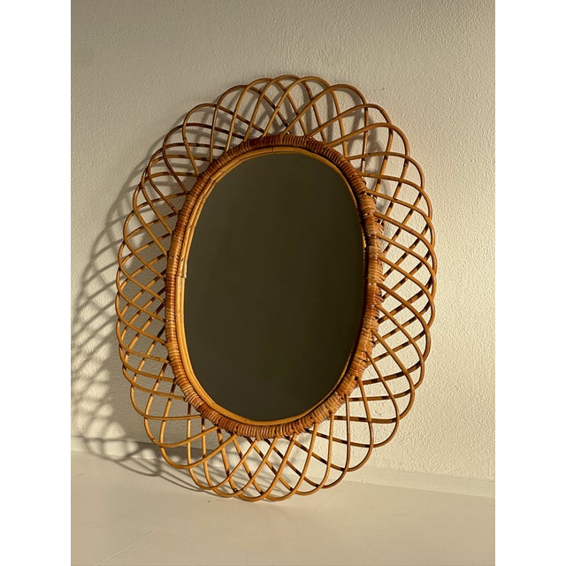 Brown Oval Bamboo Rattan Mirror, 1970s For Sale - Image 8 of 11