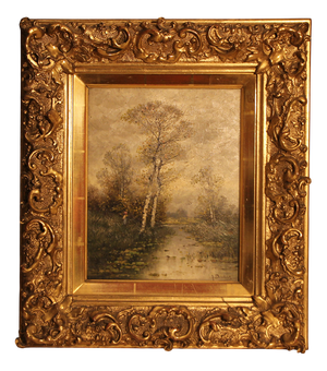 Johann Jungblut, Summer Stream with Wanderer, 19th Century, Oil on Wood, Framed