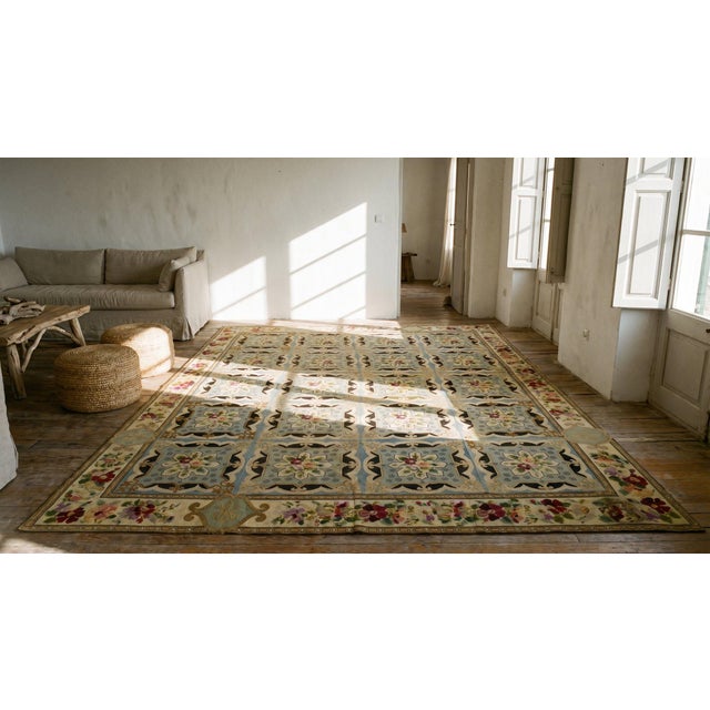 Textile Beautiful Sky Blue Color With Delicate Florid Design Antique Needlepoint Rug For Sale - Image 7 of 8
