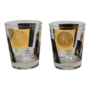 Set of 2 Double Old Fashioned Gold and Black Coin Barware Glasses by Cera 1960s