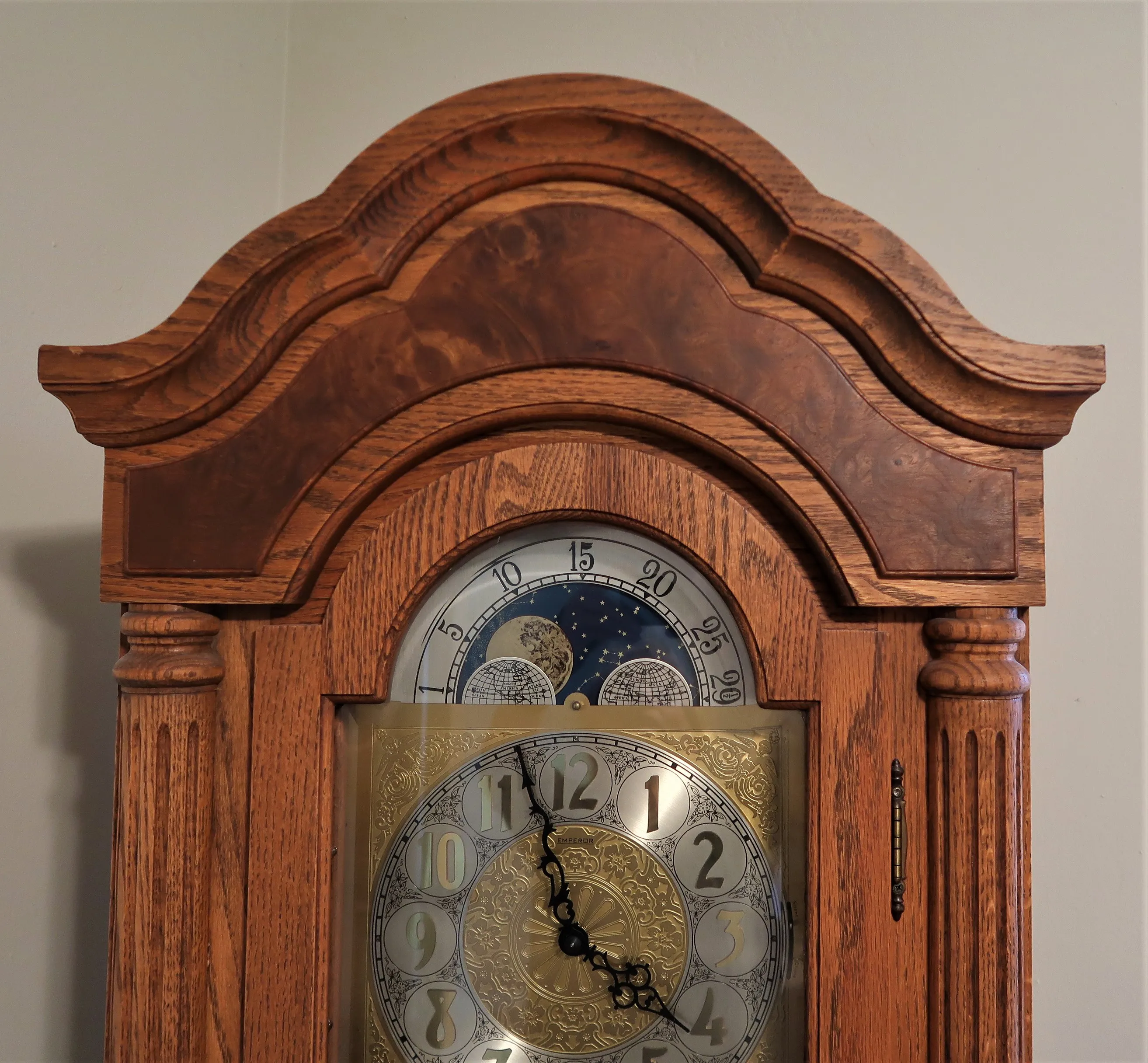 1980s Emperor Clock Company Solid Oak Grandfather Clock Weight