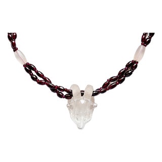 18th Century Artifact Mogul Estate Rock Crystal Ram Head Amulet and Garnet Beads Necklace For Sale