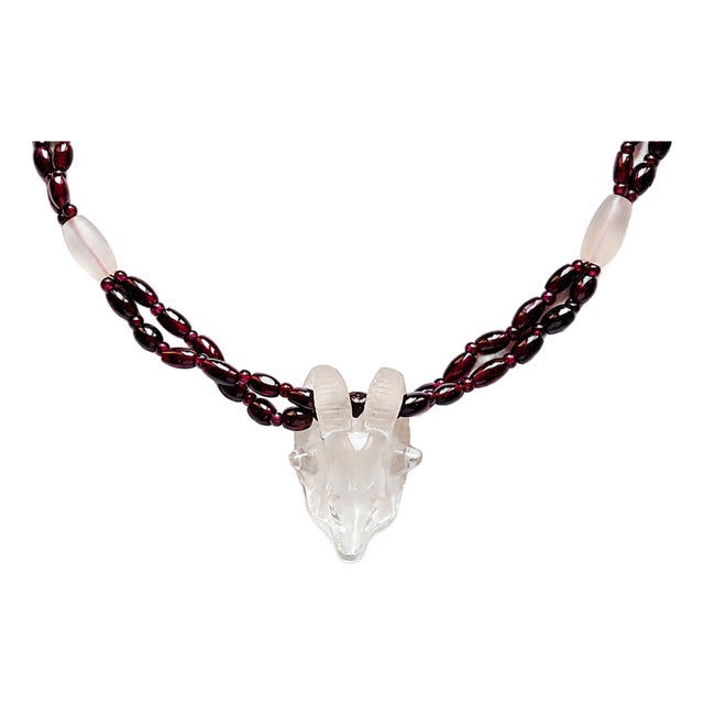 18th Century Artifact Mogul Estate Rock Crystal Ram Head Amulet and Garnet Beads Necklace For Sale