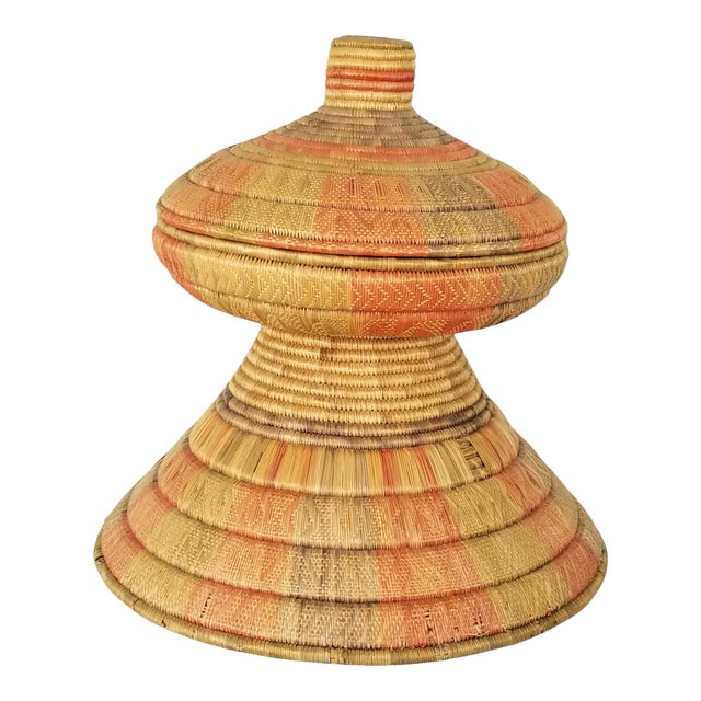 Vintage Artisanal African Hand Woven Pedestal Bowl With Lid/Sold For Sale