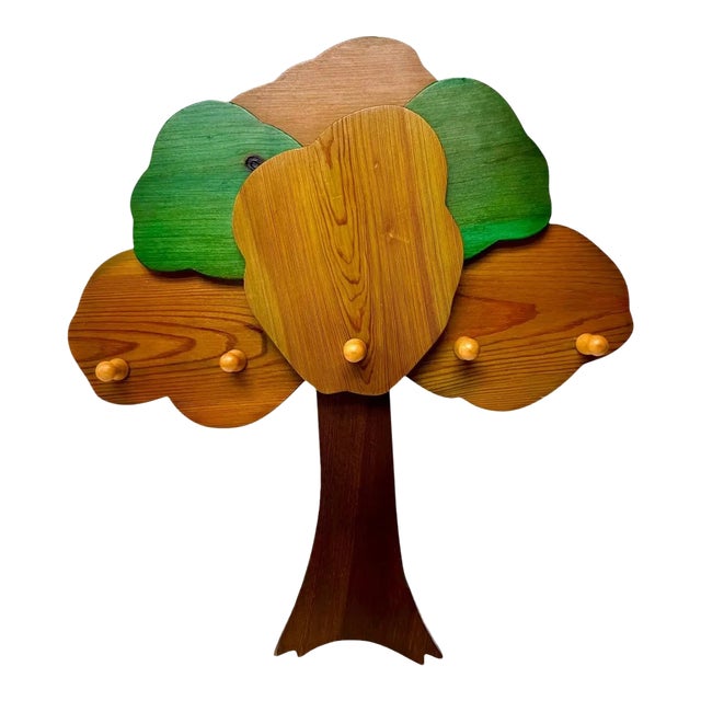Vintage 1970s Folk Art Tree Wall Coat Rack, Children’s Decor For Sale
