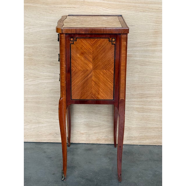 Brown Antique Louis XV French Marquetry Marble Top Nightstands, Set of 2 For Sale - Image 8 of 15