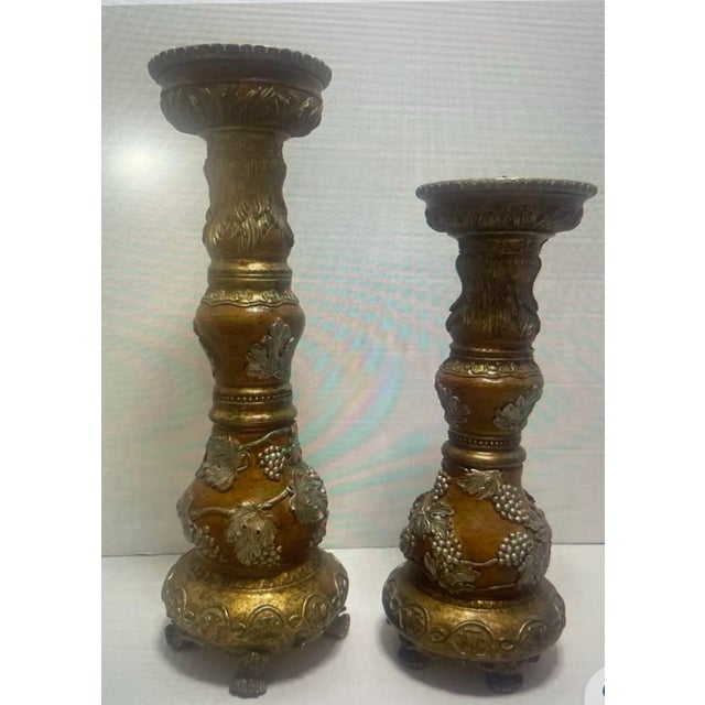 Late 20th Century Pair of Ornate Grape & Vine Pillar Candle Holders, Old World Style For Sale - Image 5 of 7