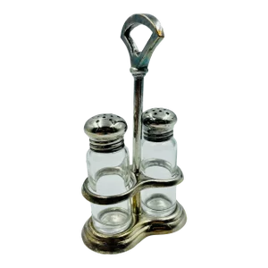 Mid 20th Century Silver Plate Original “Beverly Hilton” Salt & Pepper Shaker Caddy Set- 3 Pieces