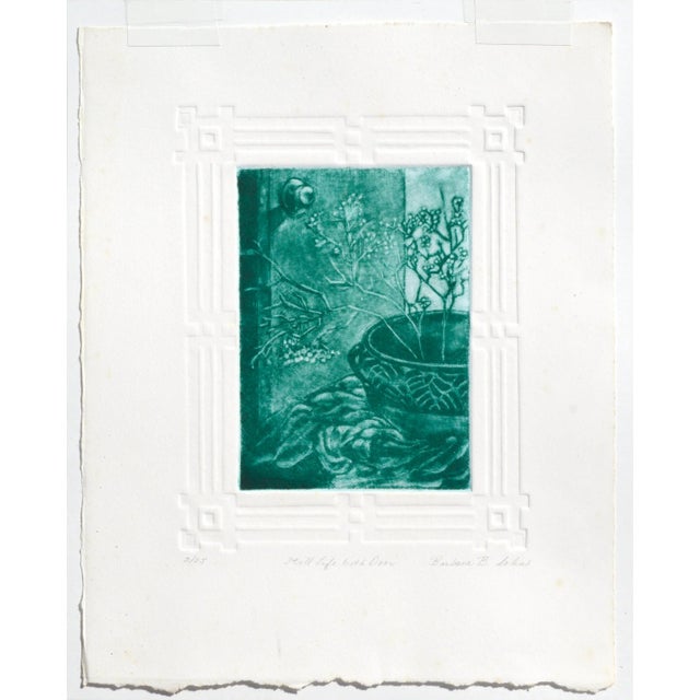 Realism "Still Life With Door", Monochrome Cyan Drypoint Etching by Barbara B. Cohn For Sale - Image 3 of 7