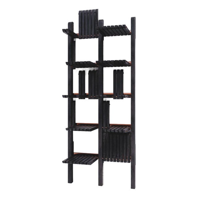 Modern Shelving System Handcrafted Black Stained Wood on the Steel Frame Modular Shelves 1000 Mm For Sale