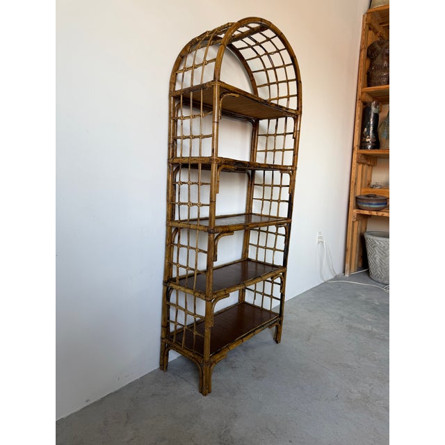 1970s 1970's Vintage Coastal Bamboo Rattan Arched Etagere Shelf For Sale - Image 5 of 14