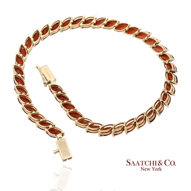 Early 21st Century Vintage 14k 585 Solid Yellow Gold Red Garnet Marquise Cut Tennis Bracelet For Sale - Image 5 of 13