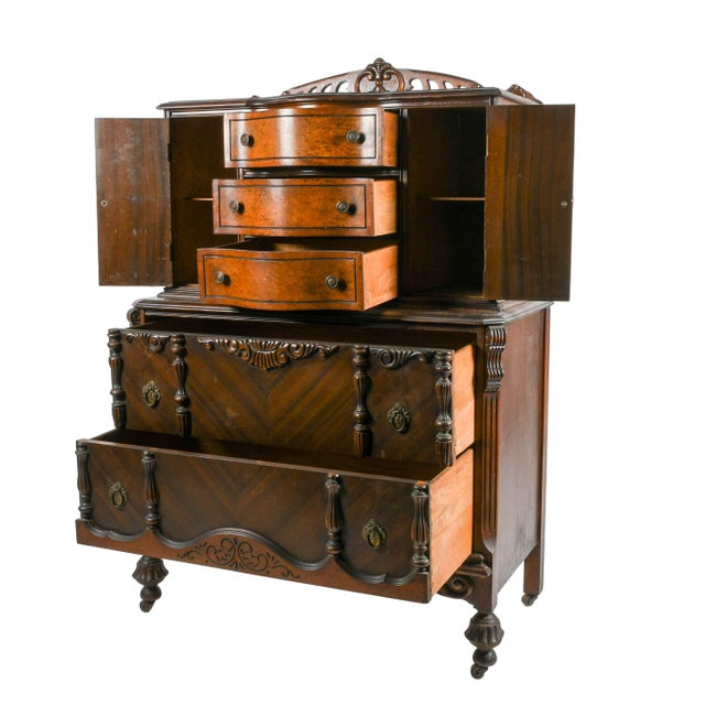 Wood American Art Deco Burl Walnut Highboy Dresser With Vanity Cabinet For Sale - Image 7 of 7