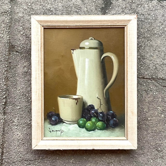 Mid-Century Modern Vintage Boho Coffee Pot Still Life Original Oil on Canvas Painting For Sale - Image 3 of 5