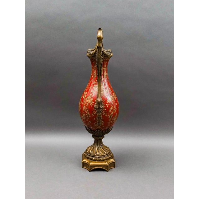 Vintage Hand Painted Gold Floral Porcelain Ornate Bronze Swan Urn Vase For Sale - Image 4 of 7