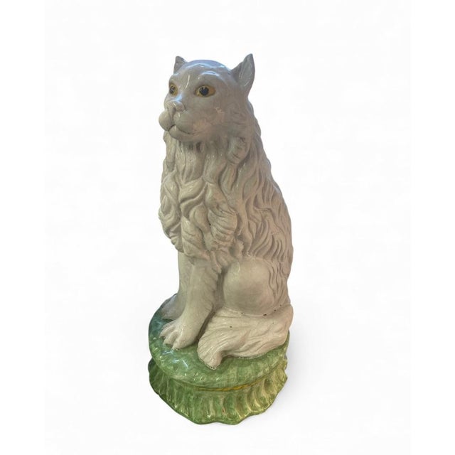 Italian Vintage Italian Glazed Faience Seated Lion Dog Figure on Green Base For Sale - Image 3 of 7