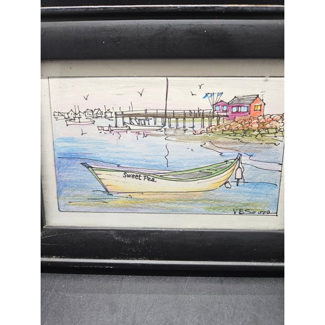 Vintage Coastal Beach Landscape Drawing, Maine-Based Graphic Artist Virginia E. Souza