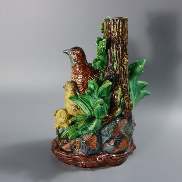 Hugo Lonitz Majolica Partridge and Chicks Candelabra Base For Sale - Image 4 of 17