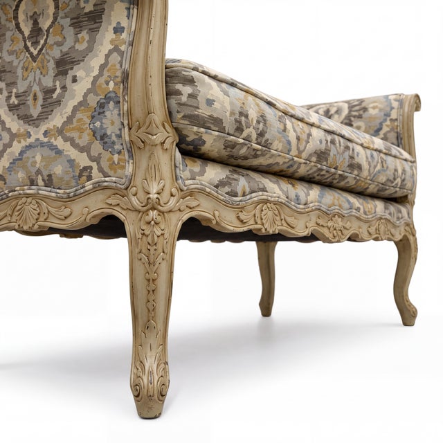 This is a 1950s French Provincial style good looking carved and painted French bench. It is unmarked with a thick down...