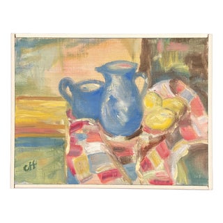 Off, Blue Jugs and Lemon, 1950s, Oil on Panel, Framed For Sale