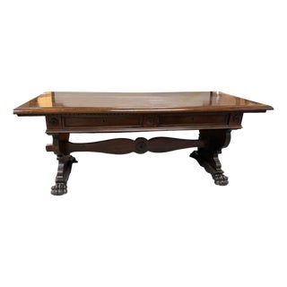 Antique Italian Carved Walnut Trestle Library Dining or Writing Table - Paw Feet For Sale