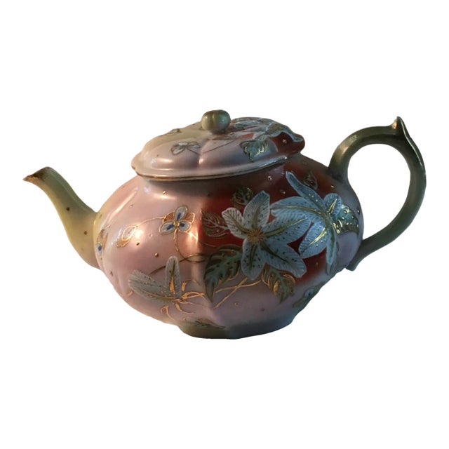 Japanese Hand Painted Tea Pot With Flowers and Gold Accents Antique For Sale