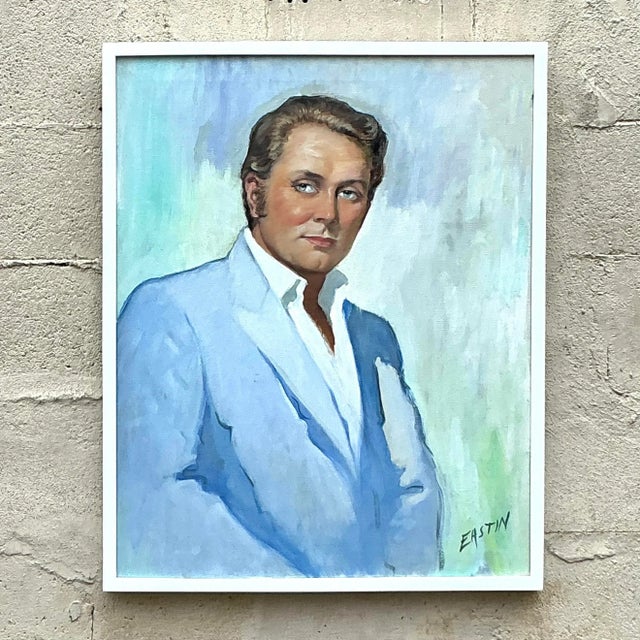 This Vintage Boho Original Oil Portrait on Canvas captures a distinguished gentleman in soft, pastel tones. The subject,...
