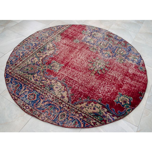 Vintage Hand Knotted Round Turkish Rug Upcycled Wool Circle Area Rug 5'2" X 5'2" For Sale - Image 6 of 9