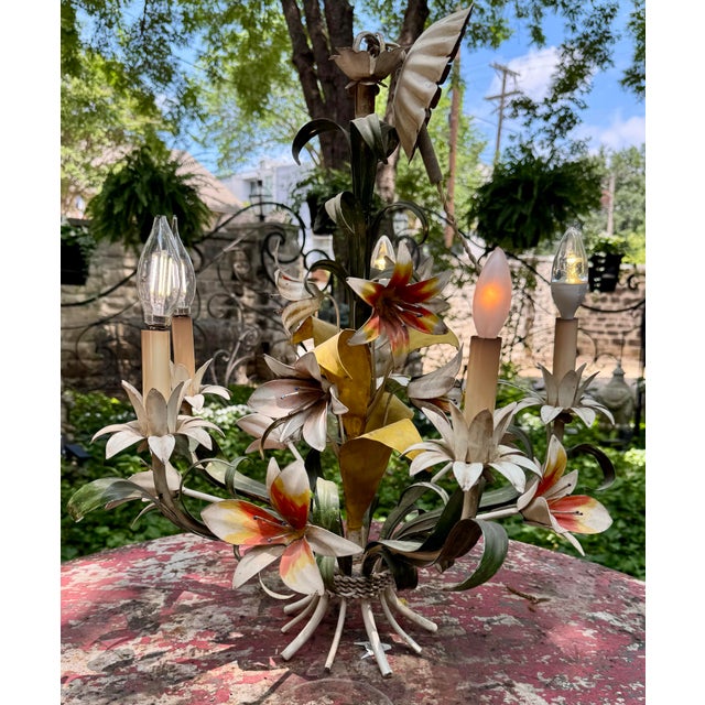 Vintage 1960’s Italian Hand Painted Polychrome 5 Arm Metal Tole Chandelier With Lilies For Sale - Image 9 of 12