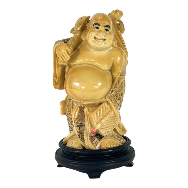 Antique Faux Ivory Standing Laughing Buddha - Ho Tei, Budai on Carved Wood Stand For Sale