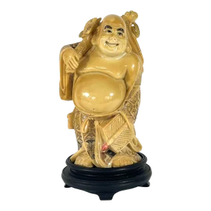 Antique Faux Ivory Standing Laughing Buddha - Ho Tei, Budai on Carved Wood Stand