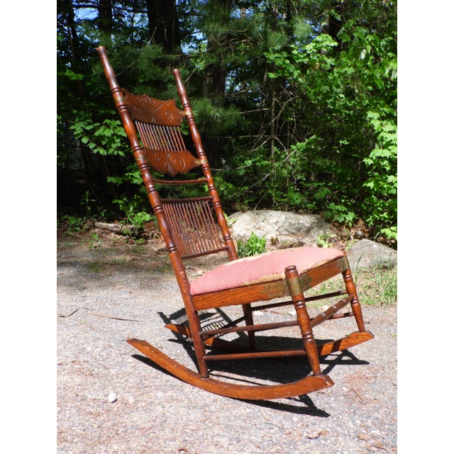 1900 - 1909 Antique Spoon Carved Solid Oak Spindle Back Rocker Needlepoint Rocking Chair For Sale - Image 5 of 12