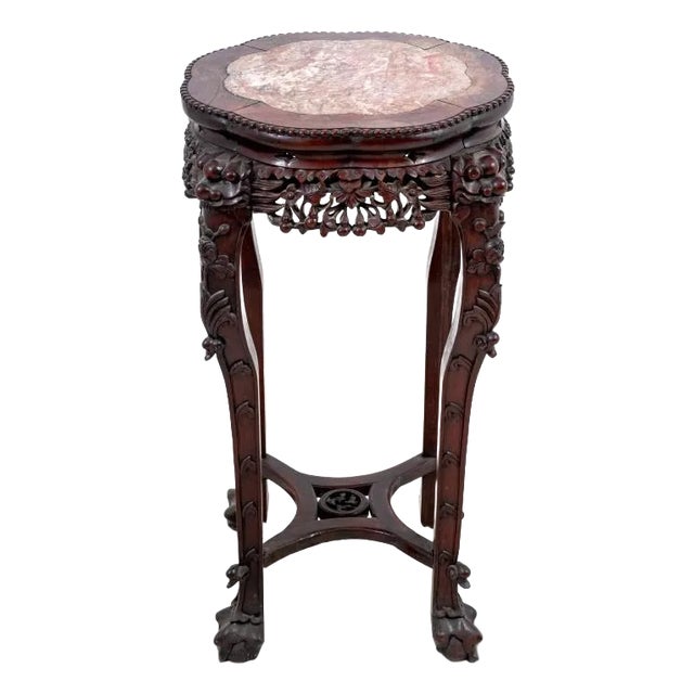 Chinese Hardwood and Marble Pedestal Table For Sale