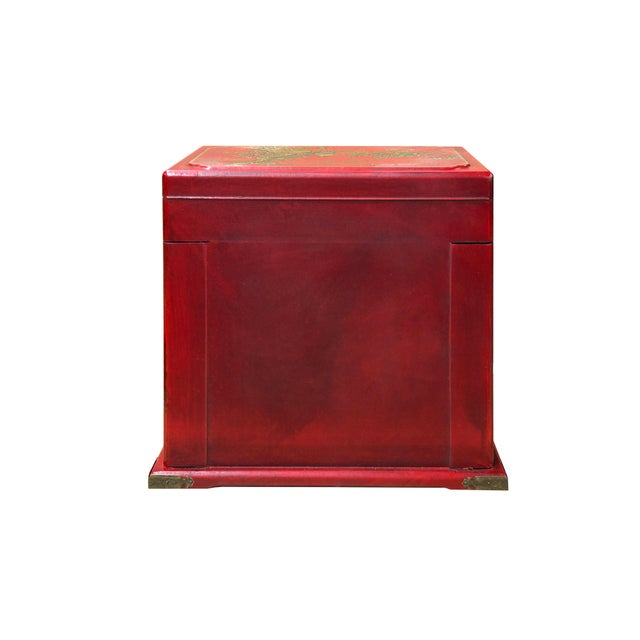 1990s Chinese Oriental Red Flower Birds Mirror Rectangular Jewelry Box For Sale - Image 5 of 14