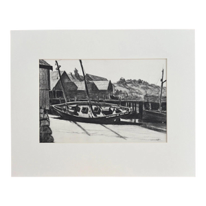 Matted 1960s Print of an Edward Hopper Drawing, "Gloucester, Boats at Wharf" EUC